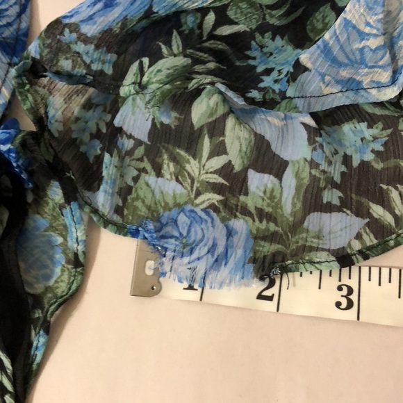 WAYF Floral Blue Cinched Hi-Low Fitted Sheer Puff Long Sleeve Dress size Medium - Picture 7 of 13